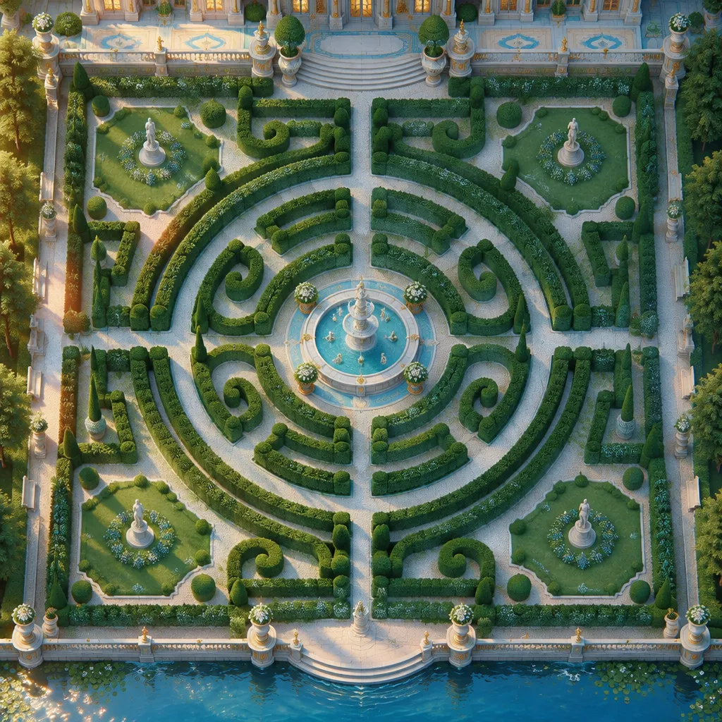 Taman labirin istana dilihat lurus dari atas, air mancur bundar di tengah, teras istana di atas, danau di bawah