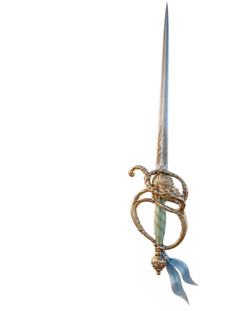 Rapier Severine dengan gagang lengkung emas, cangkang rocaille, gagang enamel mint, dan pita biru di pangkal